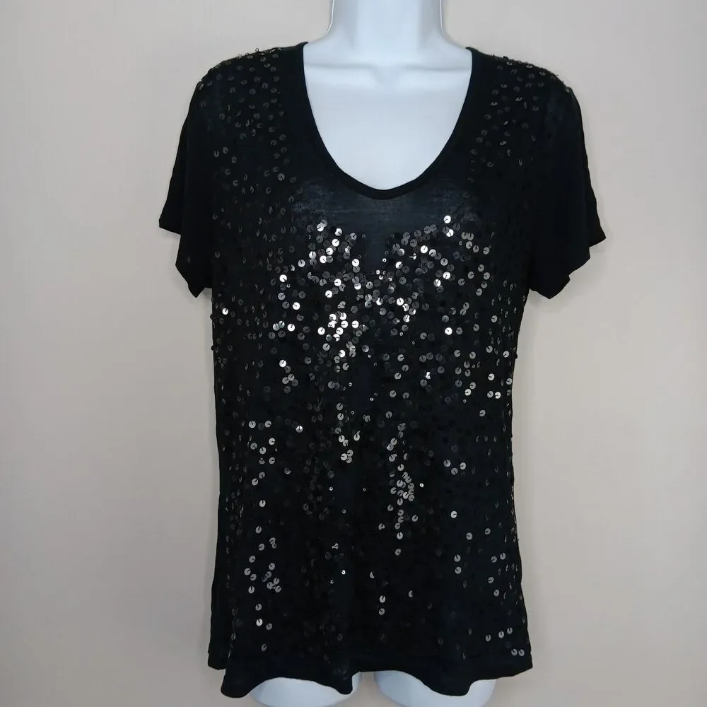 Tory Burch Sequin T-shirt Women's Small Black Semi-Sheer Boho Chic Retro Atrsy